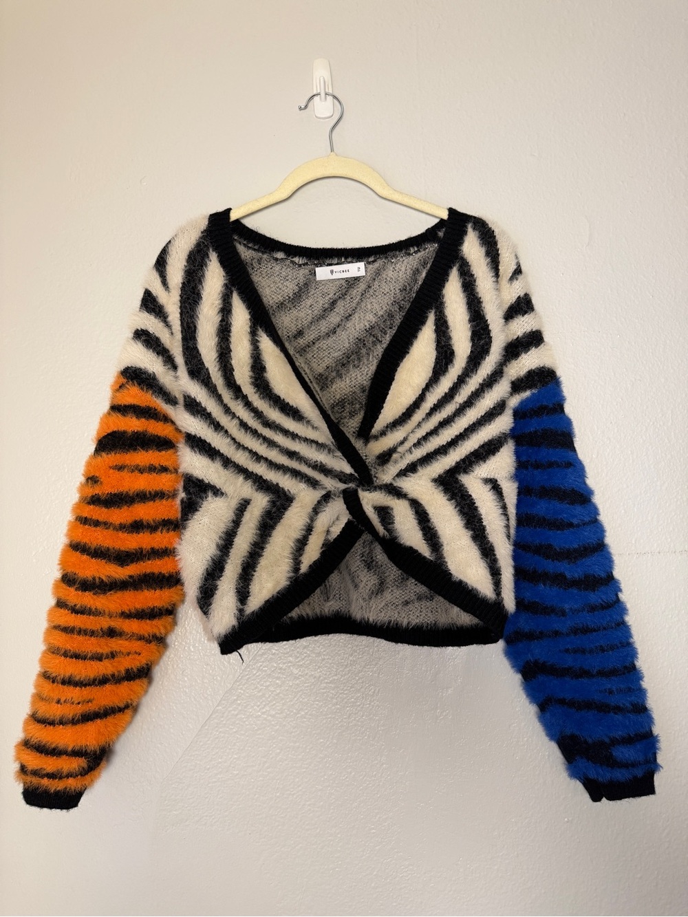 COCO MUI Zebra-Stripe Twist Front V-Neck Sweater in Black, Cream, Orange & Blue